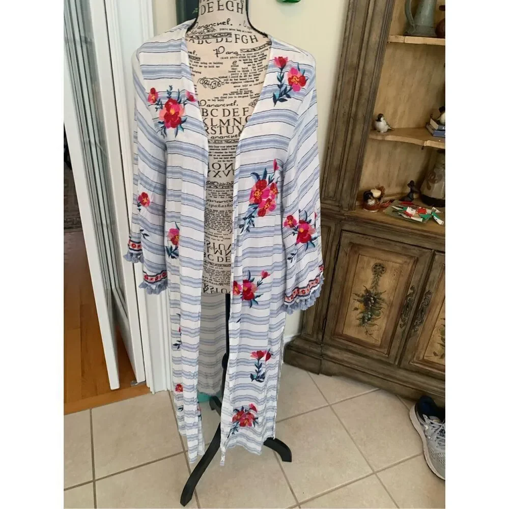 Altar'd State Blue Striped Embroidered Floral Boho Kimono Duster Cardigan
